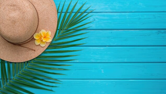 Tropical palm leaf accompanied by yellow flowers and a straw hat on a blue wooden surface, ideal for summer-themed designs - Powered by Adobe