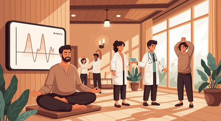 Medical team guides relaxation techniques with mindful yoga and deep breathing