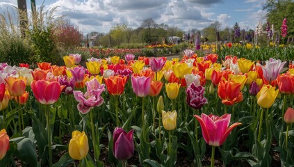 Multi-colored tulips with various shapes, ideal backdrop for spring-themed events