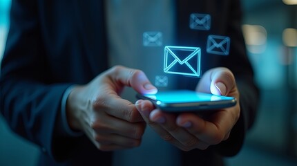 Male hands holding a smartphone with glowing email icons above it, representing digital communication and modern technology.