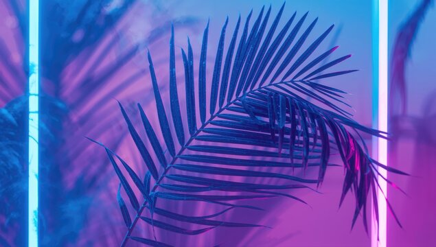 Palm leaf in vibrant blue and pink gradient with neon border, summer aesthetic