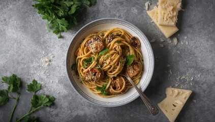 Prepared pasta featuring mushrooms, parsley, and cheese on a grey table, showcasing a protein-rich meal