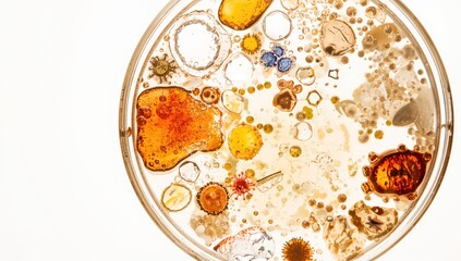 Petri dish containing liquid, showcasing chemical compounds and molecules, highlighting potential research applications