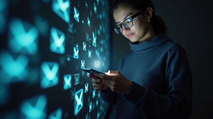 Young Asian woman in glasses using smartphone against a backdrop of digital mail icons, representing communication and technology.