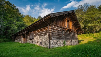 Obraz premium Traditional wooden and stone house setting, showcasing vintage construction and natural materials, preservation