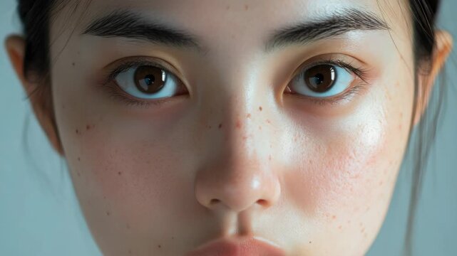 Close-up of a woman's face with her eyes looking upwards. The image showcases the texture and freckles on her skin, as well as a realistic depiction of facial features.