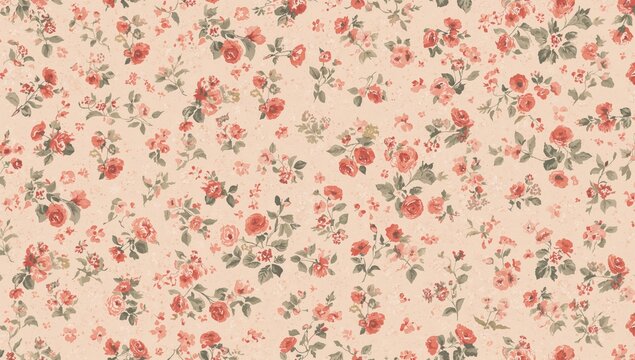 Fototapeta Seamless vintage floral design featuring delicate coral pink blooms against a neutral beige backdrop, ideal for textile printing applications.