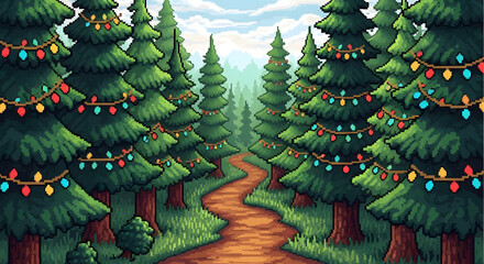 Whimsical pixel art forest path lined with festive evergreen trees adorned with colorful holiday lights, evoking winter wonder and holiday spirit.