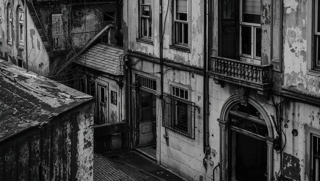 Fototapeta Abandoned buildings along a street in black and white, highlighting urban decay
