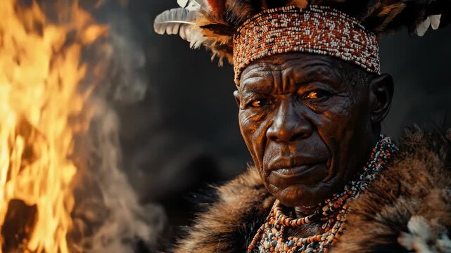 African elder, dignified and wise, adorned in ceremonial Zulu headdress, colorful beadwork, gazing intently beside warm flickering flame, rich cultural heritage.