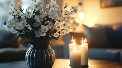 A warm and inviting room with candles and flowers