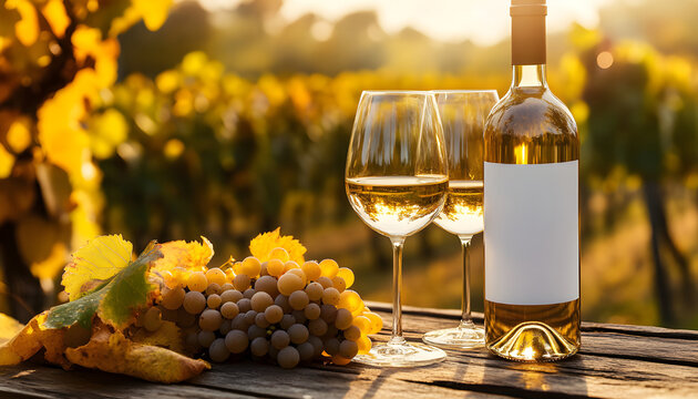 Bottle of white wine and two glasses sit on a wooden table outdoors with grapes. A clean label on the bottle allows for customization and branding - Powered by Adobe