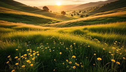 Golden Hour Meadow: Rolling Hills and Wildflowers at Sunset - Scenic Landscape Photography
