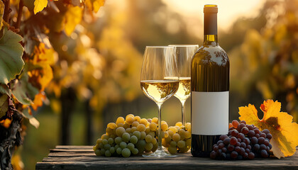 Bottle of white wine and two glasses sit on a wooden table outdoors with grapes. A clean label on the bottle allows for customization and branding