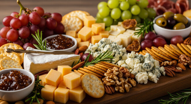 A gorgeous cheese board of brie and blue cheeses studded with grapes, nuts, and crackers