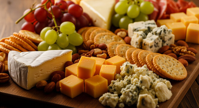 Close-up of an attractive cheese board of cheddar, blue and brie cheeses garnished with grapes and nuts