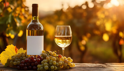 Bottle of white wine and two glasses sit on a wooden table outdoors with grapes. A clean label on the bottle allows for customization and branding