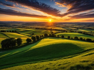 Golden Hour Over Rolling Hills: Scenic Landscape with Dramatic Sunset Sky - Countryside Tranquility and Natural Beauty