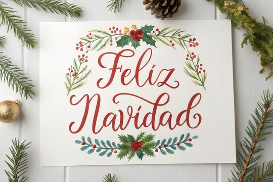 Hand-painted "Feliz Navidad" greeting card surrounded by festive evergreen branches and pinecones.