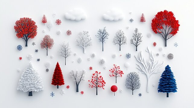 A variety of stylized trees and snowflakes in red, white, blue, and grey are arranged on a plain white background.