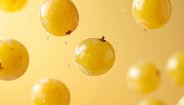 White grapes with water droplets floating in the air against a yellow background, simple and refreshing material
