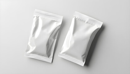 Two blank white snack bags placed on a clean gray surface. These unbranded packages are ideal for food product presentation and branding mockups for marketing