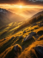 Golden Hour Mountain Vista: Majestic Sunrise Over Alpine Meadow and Forest - Stunning Landscape Photography