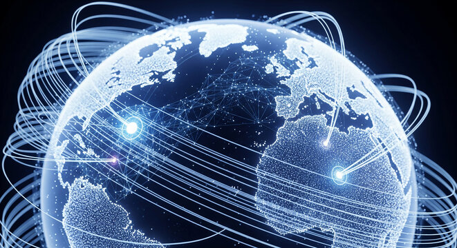 Digital communication network and data connections surrounding the Earth, image of global business and technology