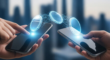 Digital coins being transferred between smartphones, mobile payment and money transfer concept