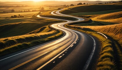Golden Road Serenity: Scenic Highway Landscape at Sunset, Rural Road, Travel Photography