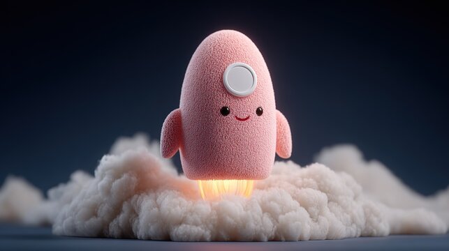 3D cartoon pink rocket ship taking off from white cloud on black background, cute character with adorable eyes and dreamy atmosphere for animation and children's content.