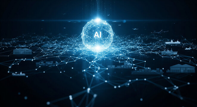 Conceptual diagram of global logistics managed by AI technology, with transport and warehouses connected via a network