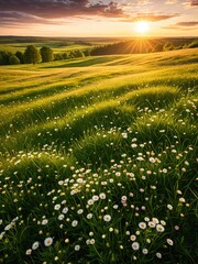 Golden Hour Meadow: Vibrant Wildflowers & Rolling Hills at Sunset - Peaceful Countryside Landscape