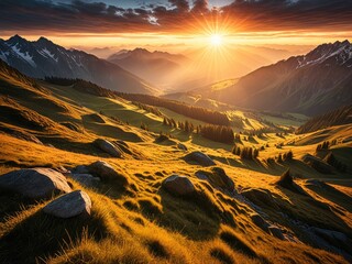 Golden Hour Mountain Vista: Stunning Alpine Landscape at Sunset with Dramatic Sky and Sunburst - Nature Photography