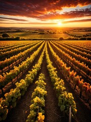 Golden Hour Vineyard Sunset: Rows of Grapes Under a Fiery Sky - Landscape Photography for Wine Country and Travel