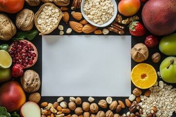 A flat-lay sheet is featured among a variety of healthy foods including nuts, fruits, and grains. This setup promotes diet management and encourages healthy eating practices