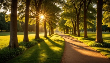 Golden Hour Path Through Lush Green Trees: Serene Park Landscape Photography - Sunset Glow