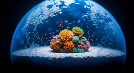 Corals and tropical fish growing inside a water dome on Earth, concept of protecting the marine environment