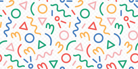 Fun colorful line doodle seamless pattern. Creative minimalist style art background for children or trendy design with basic shapes. Simple childish scribble backdrop. Vector stock background