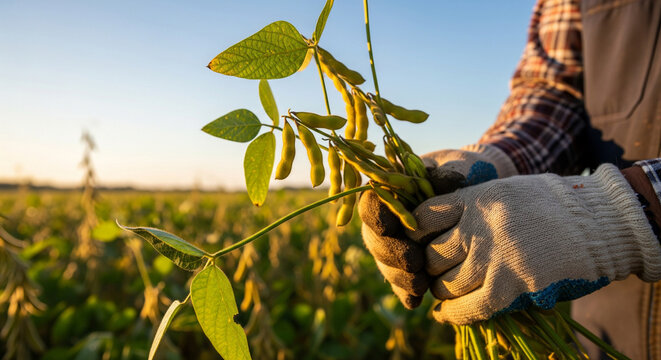Agriculture and harvest close-up of a farmer holding a branch of soybeans in a sunny field