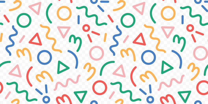 Fun colorful line doodle seamless pattern. Creative minimalist style art background for children or trendy design with basic shapes. Simple childish scribble backdrop. Vector stock background