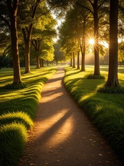 Golden Hour Pathway Through Trees: Serene Landscape Photography with Sunburst and Lush Greenery, Perfect for Nature Lovers