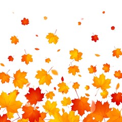 Falling maple leaves in shades of red, orange, and yellow cascading against a white backdrop. An autumnal scene of vibrant color