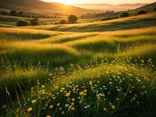 Golden Hour Meadow: Serene Landscape with Wildflowers at Sunset, Rural Beauty and Tranquility