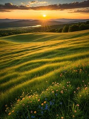 Golden Hour Landscape: Rolling Hills, Vibrant Meadow, and Majestic Sunset - Serene Countryside Photography for Nature Lovers