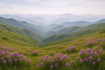 Obraz premium Rolling Green Mountain Landscape with Blooming Flowers and Atmospheric Haze in a Serene Vista