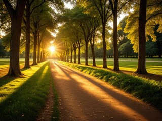 Golden Hour Pathway Through Trees: Serene Forest Road with Sunlight and Warm Autumnal Colors - Nature Photography