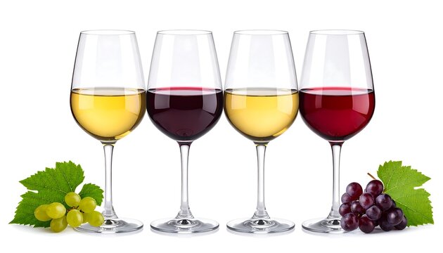 Four stemmed glasses filled with different colored beverages, two with green grapes, leaves, and a white background
