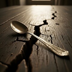 A close-up of a silver spoon resting on a rustic, cracked wooden surface with warm lighting creating shadows and highlighting the texture of the wood