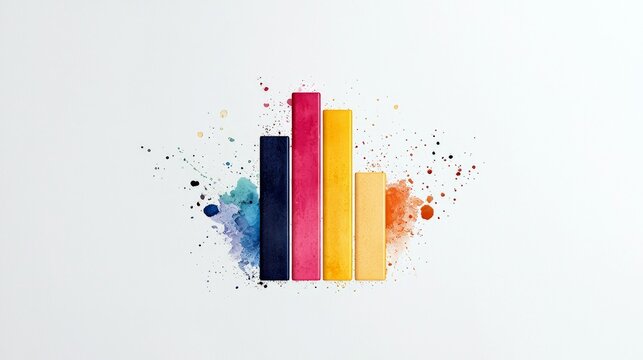 A colorful bar graph made of watercolor paint with splashes and splatters on a white background.